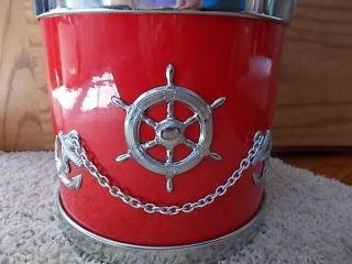 Vintage NAUTICAL RED Chrome ICE BUCKET Wheel Anchors Chain Retro Barware JAPAN 2