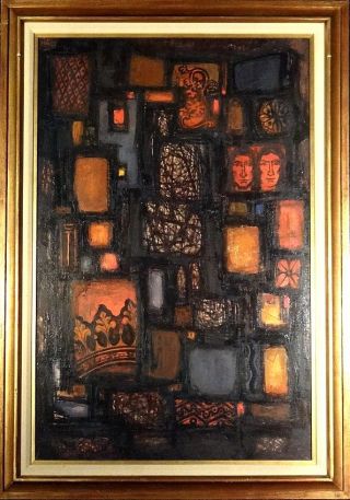 Ca.  1950 Stained - Glass Style 47 1/4 " Modern Art Oil Painting W/frame
