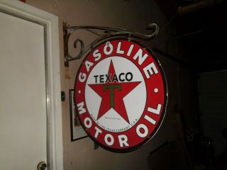 Texaco Gasoline & Motor Oil Us 3 - 31 Double Sided Porcelain Sign W/bracket