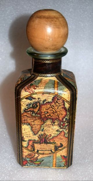 Vtg Glass Leather Wrapped Decanter Bottle Nautical Map Wooden Cork Italy 10 "