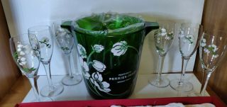 Champagne Perrier Jouet France Green Glass Ice Bucket & Champagne 6 Flutes Set
