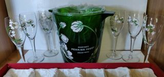 Champagne Perrier Jouet France Green Glass Ice Bucket & Champagne 6 Flutes set 2