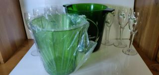 Champagne Perrier Jouet France Green Glass Ice Bucket & Champagne 6 Flutes set 4