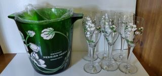 Champagne Perrier Jouet France Green Glass Ice Bucket & Champagne 6 Flutes set 5