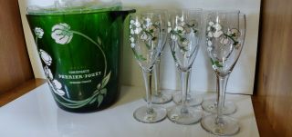 Champagne Perrier Jouet France Green Glass Ice Bucket & Champagne 6 Flutes set 7