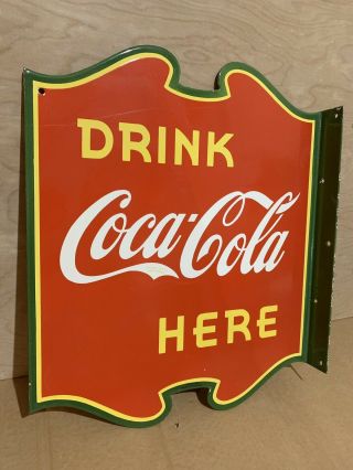 20” Coca Cola Soda Pop Double Sided Flange Porcelain Sign.