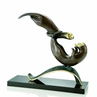 Solid Brass Hot Patina Finish Otters Balancing Act Sculpture On Marble Base