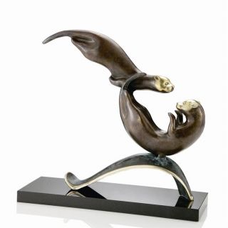 Solid Brass Hot Patina Finish Otters Balancing Act Sculpture on Marble Base 2