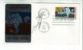 1969 First Man On The Moon Postal Cover Metal Cachet With Buzz Aldrin Autograph
