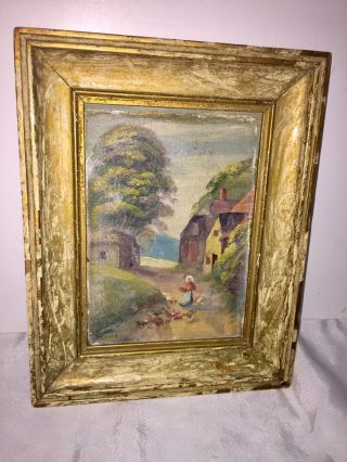 Antique Oil Painting Folk Art Impressionist Style Country Maid Feeding Chickens