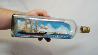 Large Vtg Handmade Wooden Ship In A Bottle Diorama Lighthouse Johnnie Walker 70s