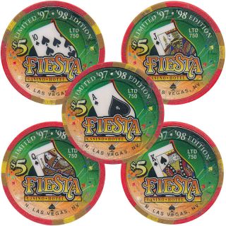 Set Of 5 Fiesta Royal Flush Spades Casino Chips No Las Vegas Nv -