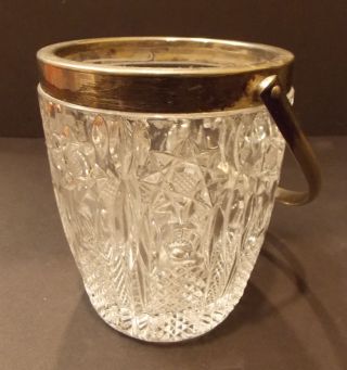 Vintage Brilliant Cut Glass Ice Bucket With Silver Plated Rim & Handle