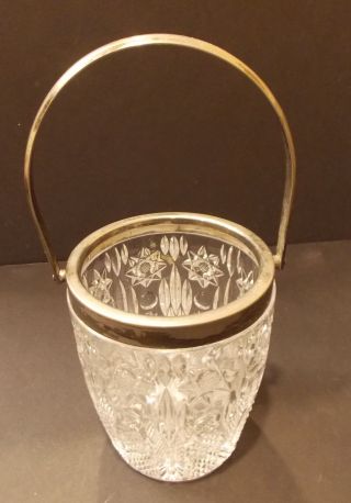 VINTAGE BRILLIANT CUT GLASS ICE BUCKET WITH SILVER PLATED RIM & HANDLE 2