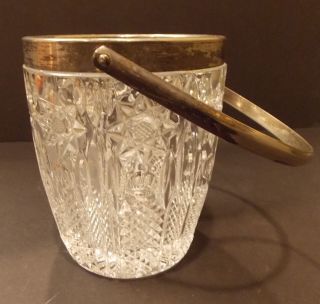 VINTAGE BRILLIANT CUT GLASS ICE BUCKET WITH SILVER PLATED RIM & HANDLE 3