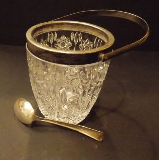 VINTAGE BRILLIANT CUT GLASS ICE BUCKET WITH SILVER PLATED RIM & HANDLE 6