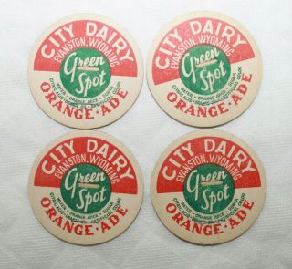4 Vintage Milk Bottle Cap City Dairy Green Spot Orange Ade Evanston Wyoming