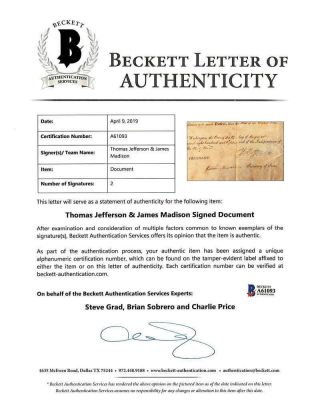 Thomas Jefferson James Madison Signed Autographed 1808 Document Beckett BAS 3