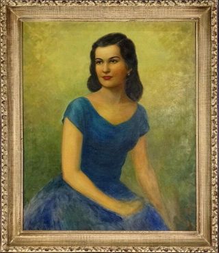 Exquisite Ca.  1940 Dark Hair Young Lady Portrait Painting Oil On Canvas W/frame