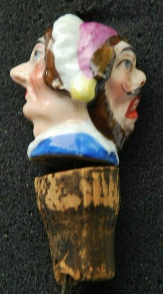 Very Rare Vintage Porcelain Head Bottle Cork Top Stopper Two Faced Topper