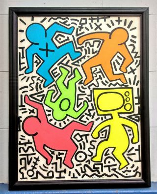 Oil On Canvas Keith Haring 1983 With Frame In Golden Leaf