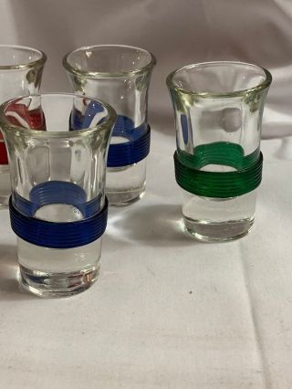 Vintage Art Deco Set Of 5 Shot Glasses With Colored Celluloid Bands