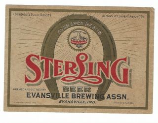 Evansville Brewing Assoc Sterling Beer Label Pre Prohibition Indiana