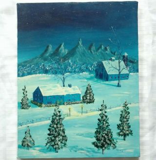R F Wittman Folk Artist Signed Painting Winter Scene Home Barn Mountain