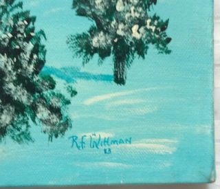 R F WITTMAN Folk Artist Signed Painting Winter Scene Home Barn Mountain 2