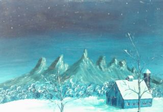 R F WITTMAN Folk Artist Signed Painting Winter Scene Home Barn Mountain 3