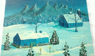 R F WITTMAN Folk Artist Signed Painting Winter Scene Home Barn Mountain 4