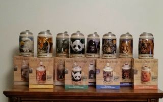 Complete Set Of Eight Budweiser Endangered Species Lidded Steins With Boxes