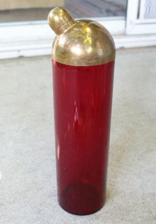 Antique Ruby Red Glass Cocktail Shaker Martini Mixer Brass Top Art Deco 14 "