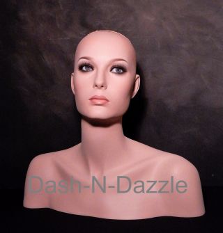 Female mannequin wig bust GRAY HAZEL GLASS EYES 9