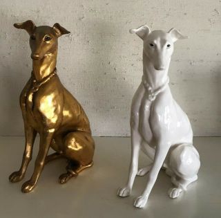 Mid Century Kay Finch Gold & White Whippet Greyhound Figurines