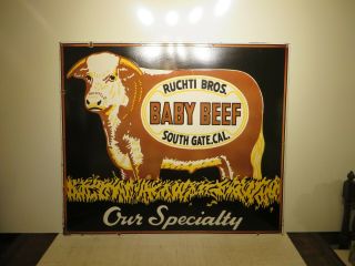 36x42 1960s Antq.  Ruchti Bros.  Baby Beef South Gate Ca.  Porcelain Sign