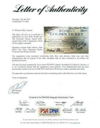 P.  Ostrum J.  Cole D.  Nickerson Bollner Signed Willie Wonka ' s Golden Ticket PSA 2 3