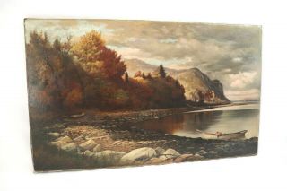 Antique 19th Century Hudson Valley River York Landscape Oil Painting 35x21