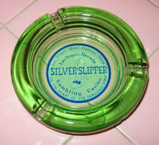 Green Depression Glass Ashtray Silver Slipper Las Vegas Gambling Casino Strip