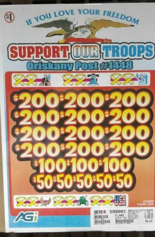 Support Our Troops,  3 Window Pull Tab Tickets,  3976 Count @ $1 With $1026 Profit