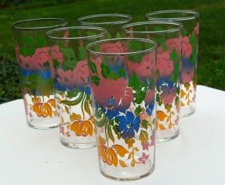 Federal 6 Tall Floral Tumblers Glass Marked Flowers 1950 