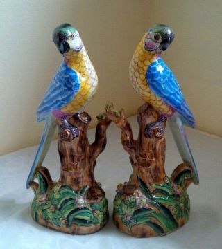2 Hand Painted Andrea By Sadek Porcelain Birds Parrots Macaws Figurine 11 " Pair