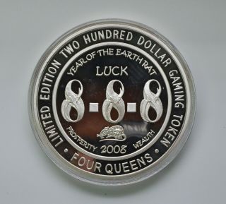 $200 Four Queens 888 Year Of The Rat 1 Pound Silver Gaming Token W/ Box