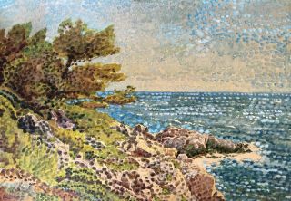 1940s French Oil Pointillist Painting On Thick Paper