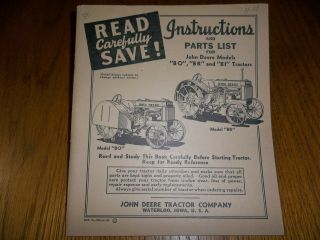 Vintage 1939 Instructions And Parts List John Deere Models Bo,  Br,  Bi Tractors