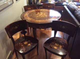 Sorreto Italy,  Inlaid Wood Gaming Table,  With Four Matching Inlaid Wood Chairs.