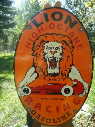 1956 Lion Hi - Octane Racing Gasoline Porcelain Enamel Gas Pump Station Sign