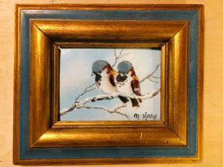 Max Karp Enamel On Copper,  Two Chickadees In Winter,  Signed.