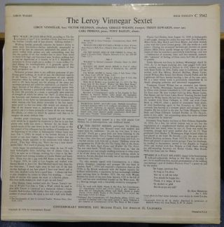 LEROY VINNEGAR SEXTET leroy walks LP VG,  C 3542 Mono 1958 USA Contemporary Orig 2