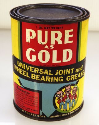 Pep Boys Pure As Gold Grease 1 Lb.  Can Vintage Oil Manny Moe & Jack Advertising